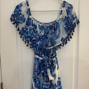 ABBELINE Blue White Off-Shoulder Maxi Lined Gathered Belted Waistline Ruffled S